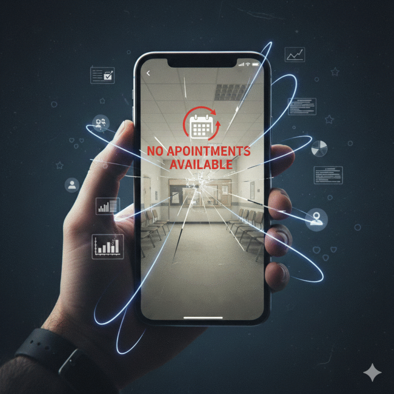 Brak dostępnych wizyt w NHS App – symboliczny obraz frustracji pacjentów próbujących umówić wizytę u GP