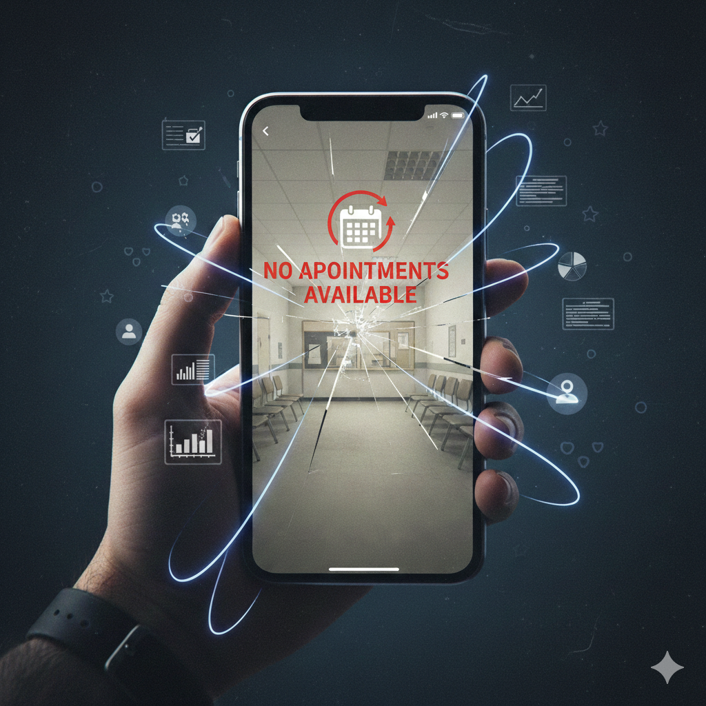 Brak dostępnych wizyt w NHS App – symboliczny obraz frustracji pacjentów próbujących umówić wizytę u GP